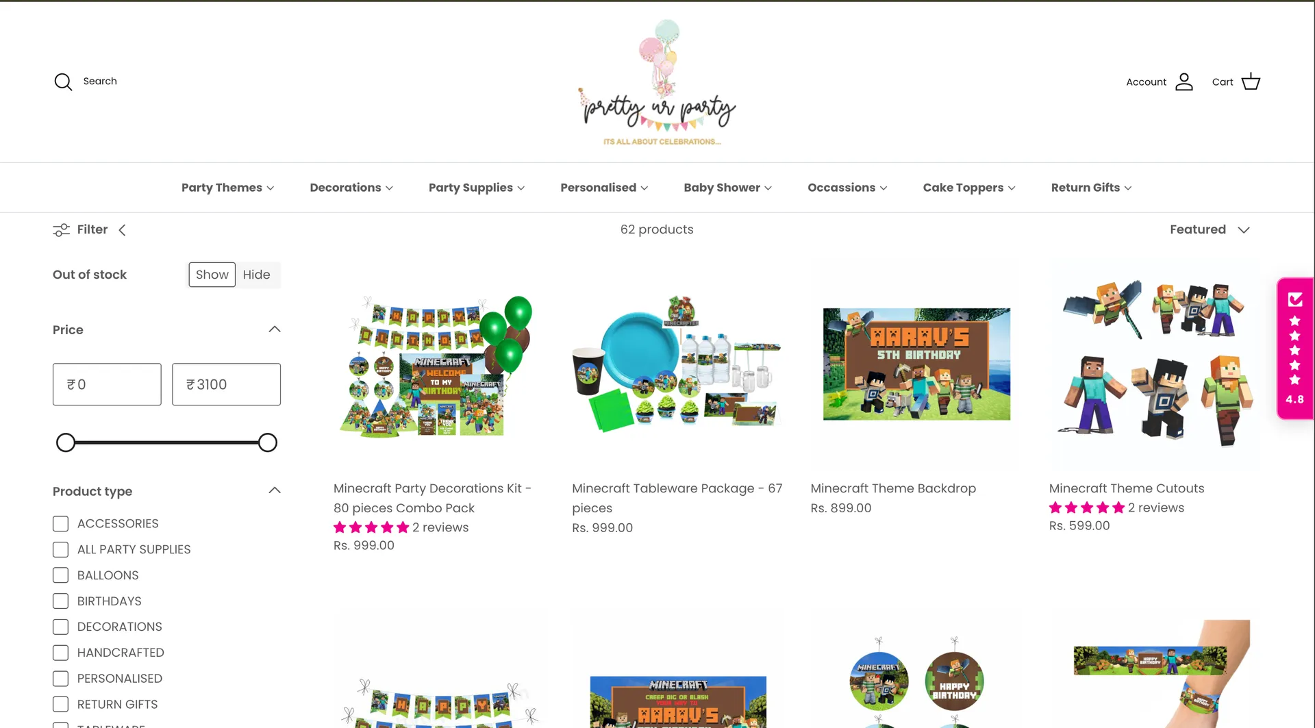 PrettyUrParty product listing page